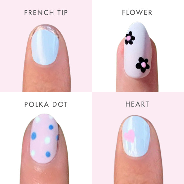 Nail Art Pen - HD showing four simple nail designs: French tip, flower, polka dot, and heart for easy mani at home