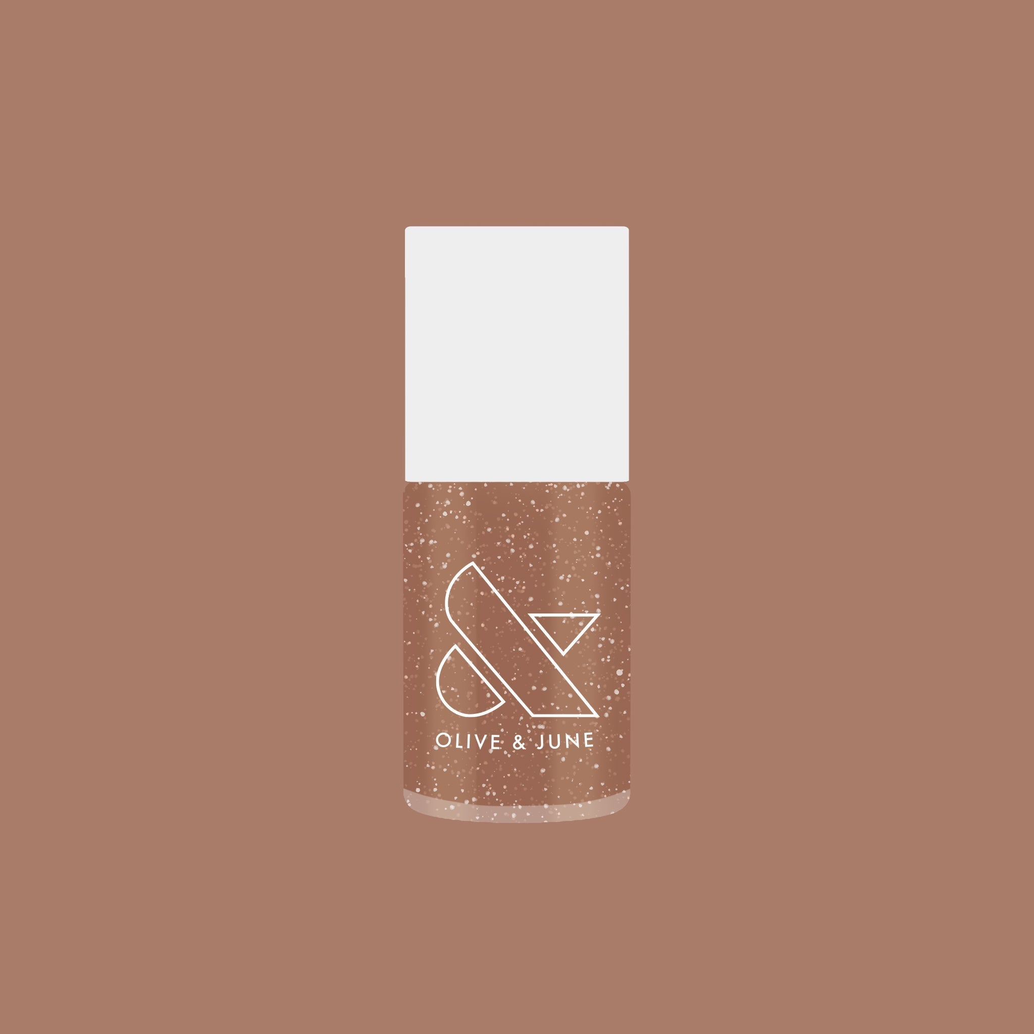 Olive and June bottle of Coconut Shimmer Gloss gel polish with warm chestnut base and silver shimmer on brown background