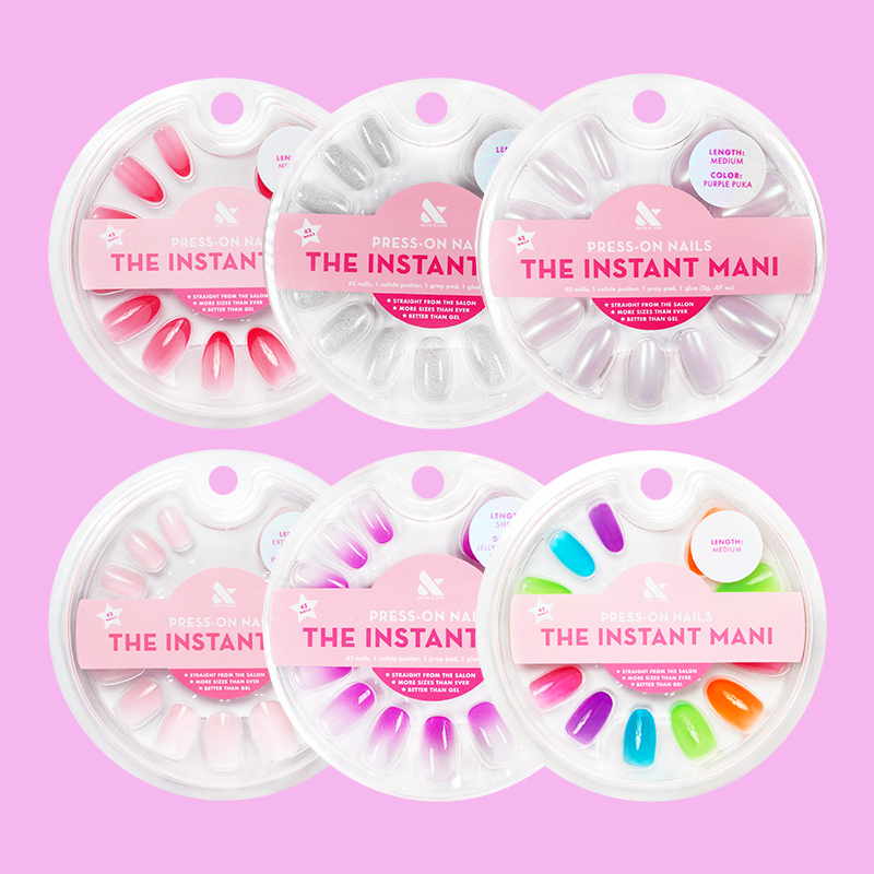 Sugar Jelly Set showing six colorful medium-sized press-on nails with jelly and shimmer finishes on pink background