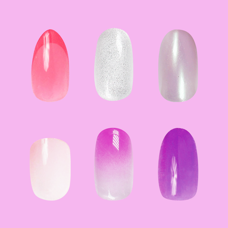 Sugar Jelly Set showing six vibrant jelly and shimmer press-on nails in various colors on pink background